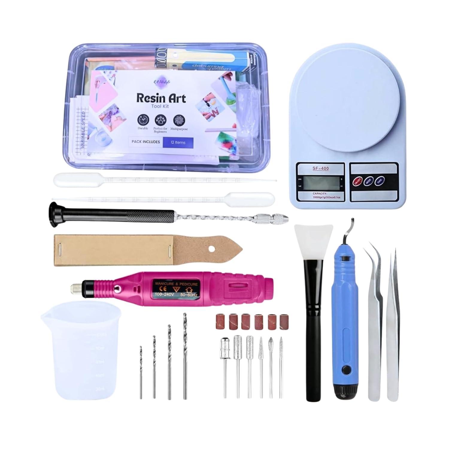 R H LIFESTYLE 12 Pcs Epoxy Resin Art Tool Kit with Measuring Cup, Silicone Brush, Rotary Tool, Tweezers, Measuring Scale, Sand Paper, Deburr Handle, Hand Drill and Dropper DIY Resin Art Kit (Big)