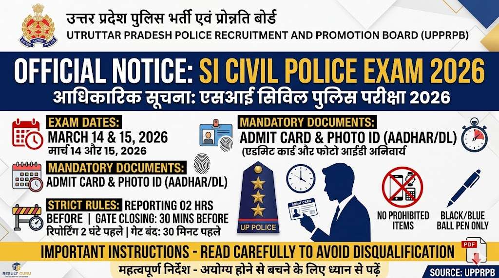 UP Police SI Exam Instructions 2026: UPPRPB SI Exam Date & Rules