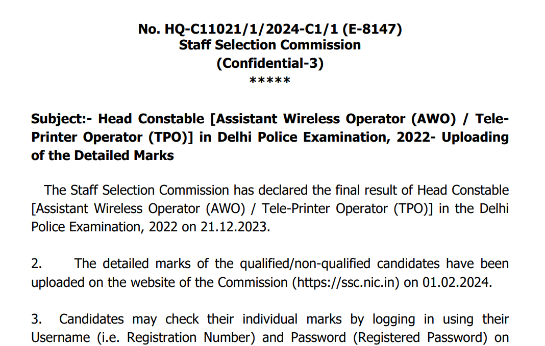 SSC Delhi Police HC AWO TPO Medical Exam Schedule 2026 Out
