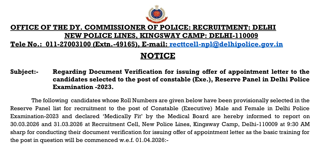 SSC Delhi Police Constable Reserve List 2026 Out for 7547 Posts