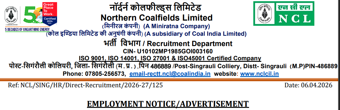 NCL Recruitment 2026: Apply Online for 577 HEMM Operator & Staff Nurse Posts