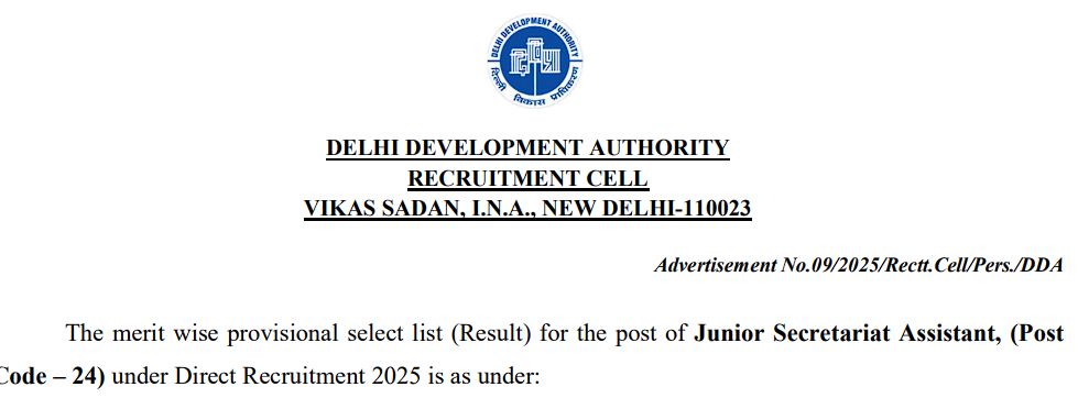 DDA JSA Result 2026: Junior Secretariat Assistant Merit List Out